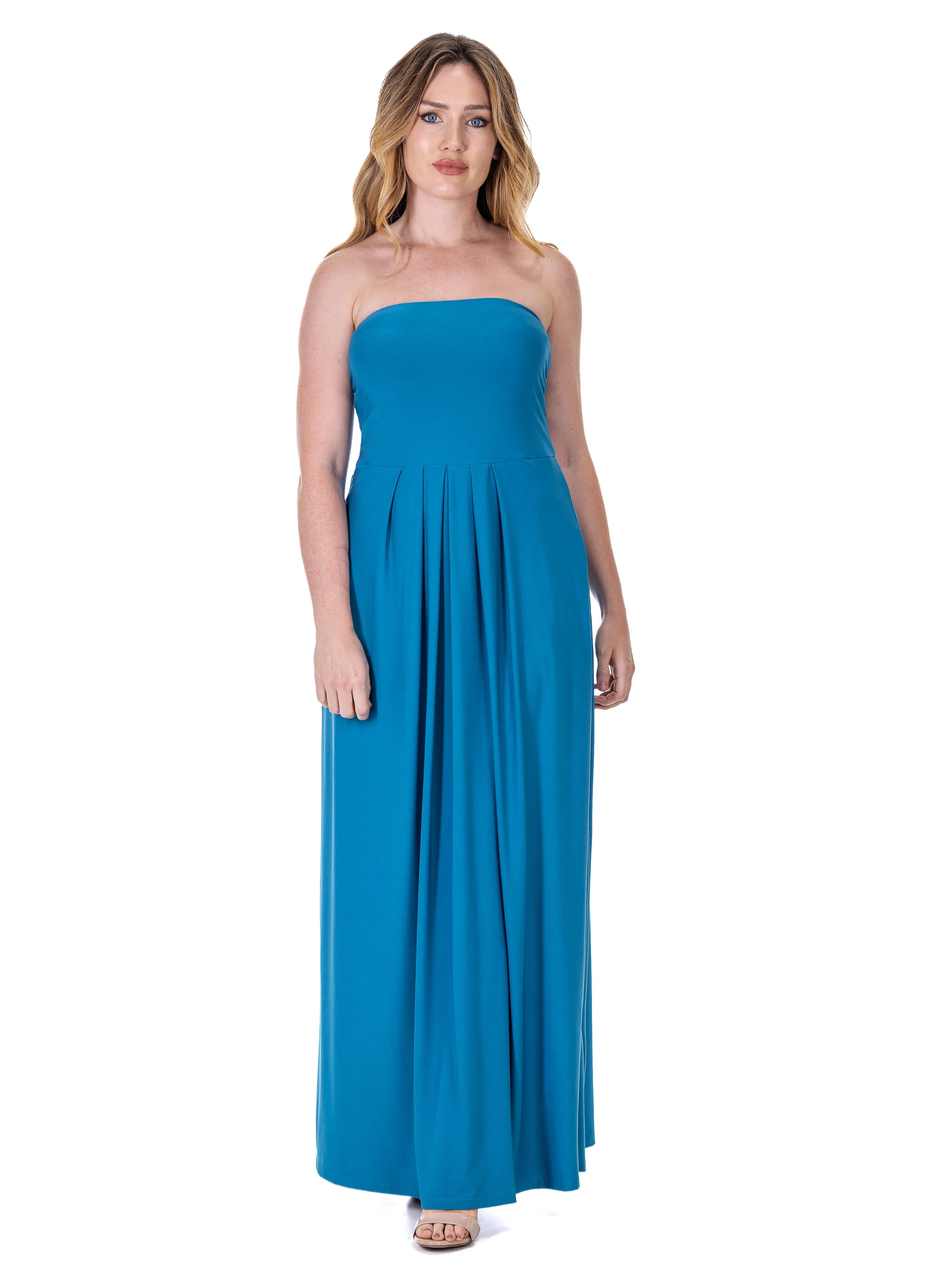 Womens Pleated A Line Strapless Maxi Dress With Pockets