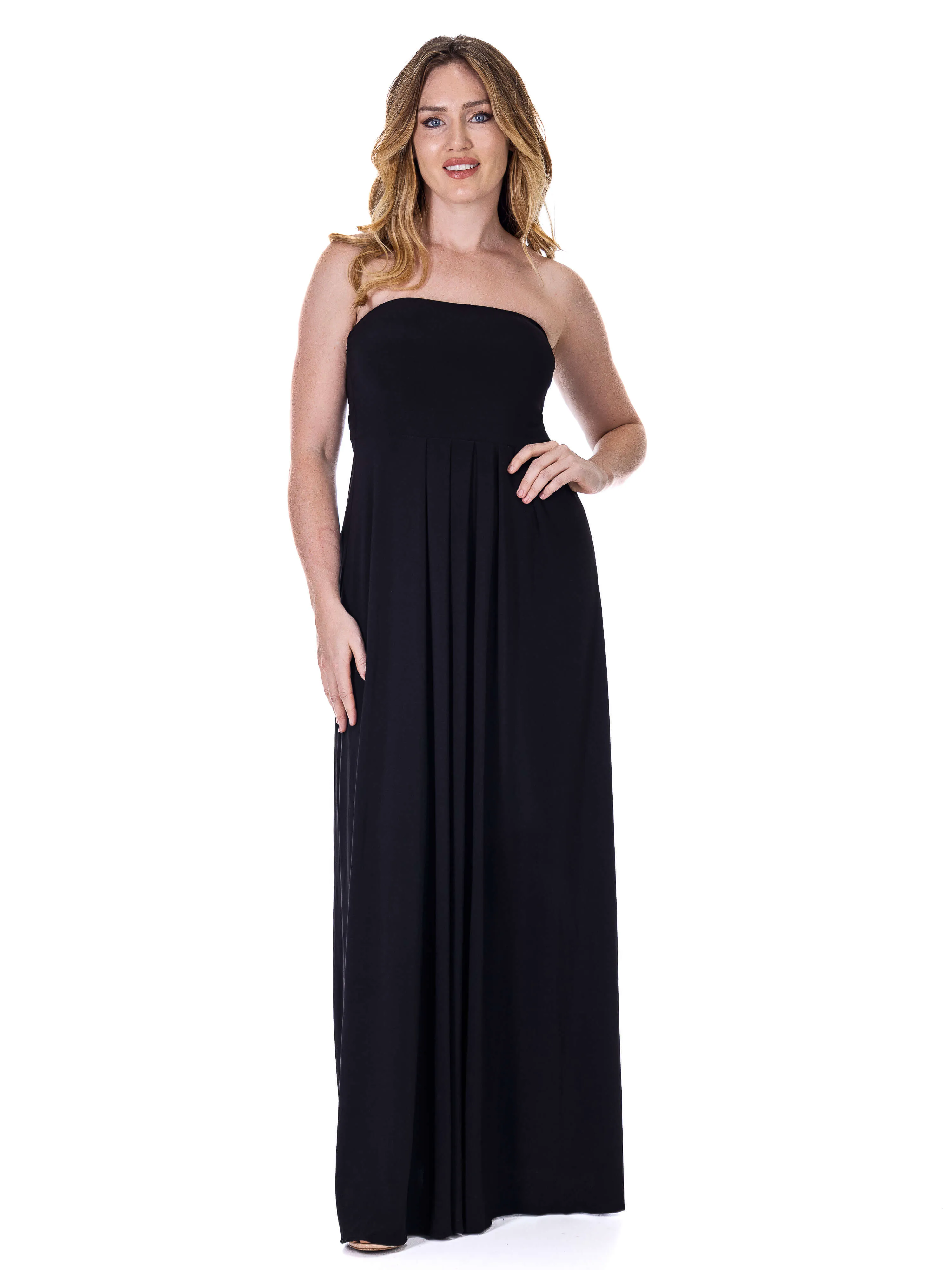 Womens Pleated A Line Strapless Maxi Dress With Pockets