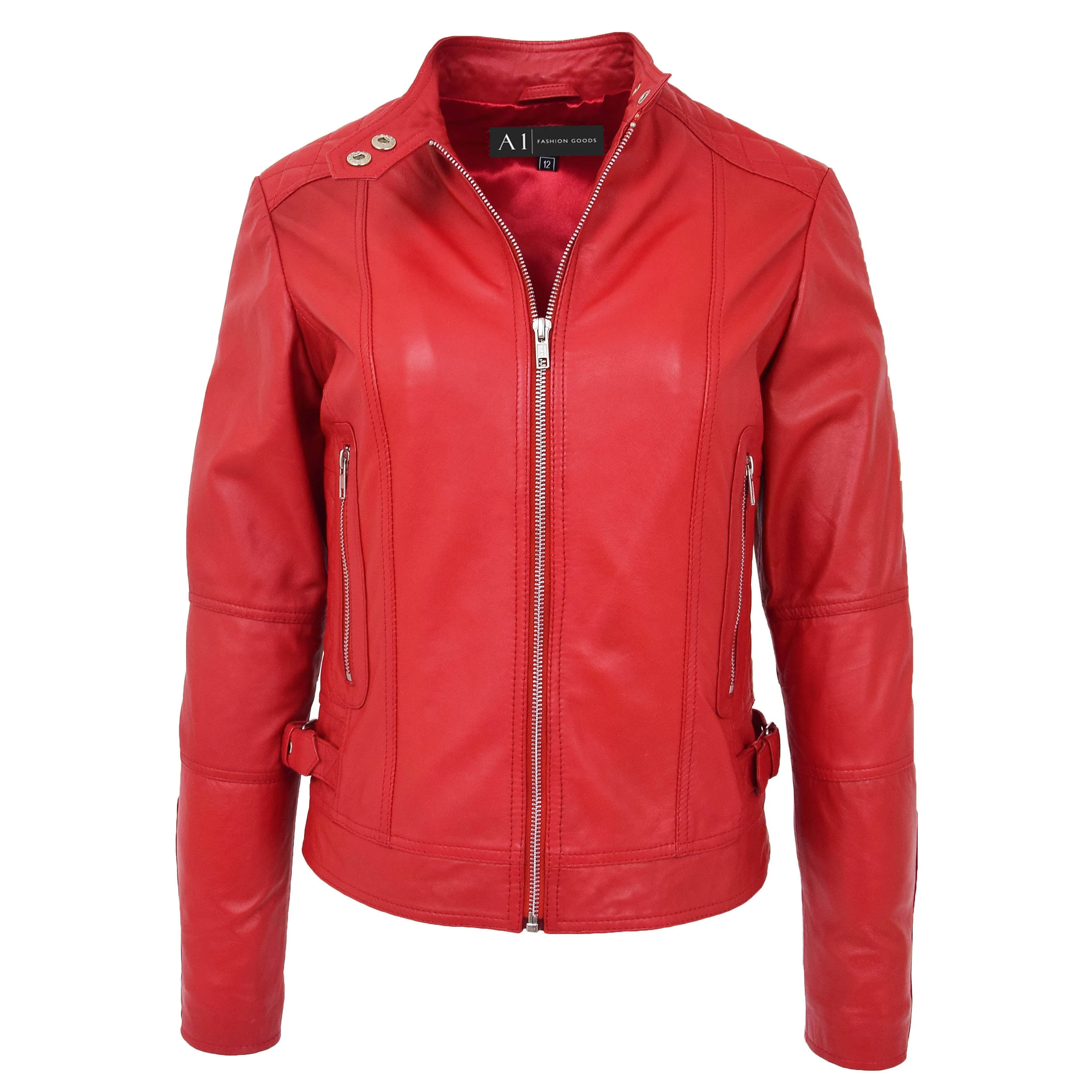 Womens Soft Red Leather Biker Jacket Designer Stylish Fitted Quilted Celeste