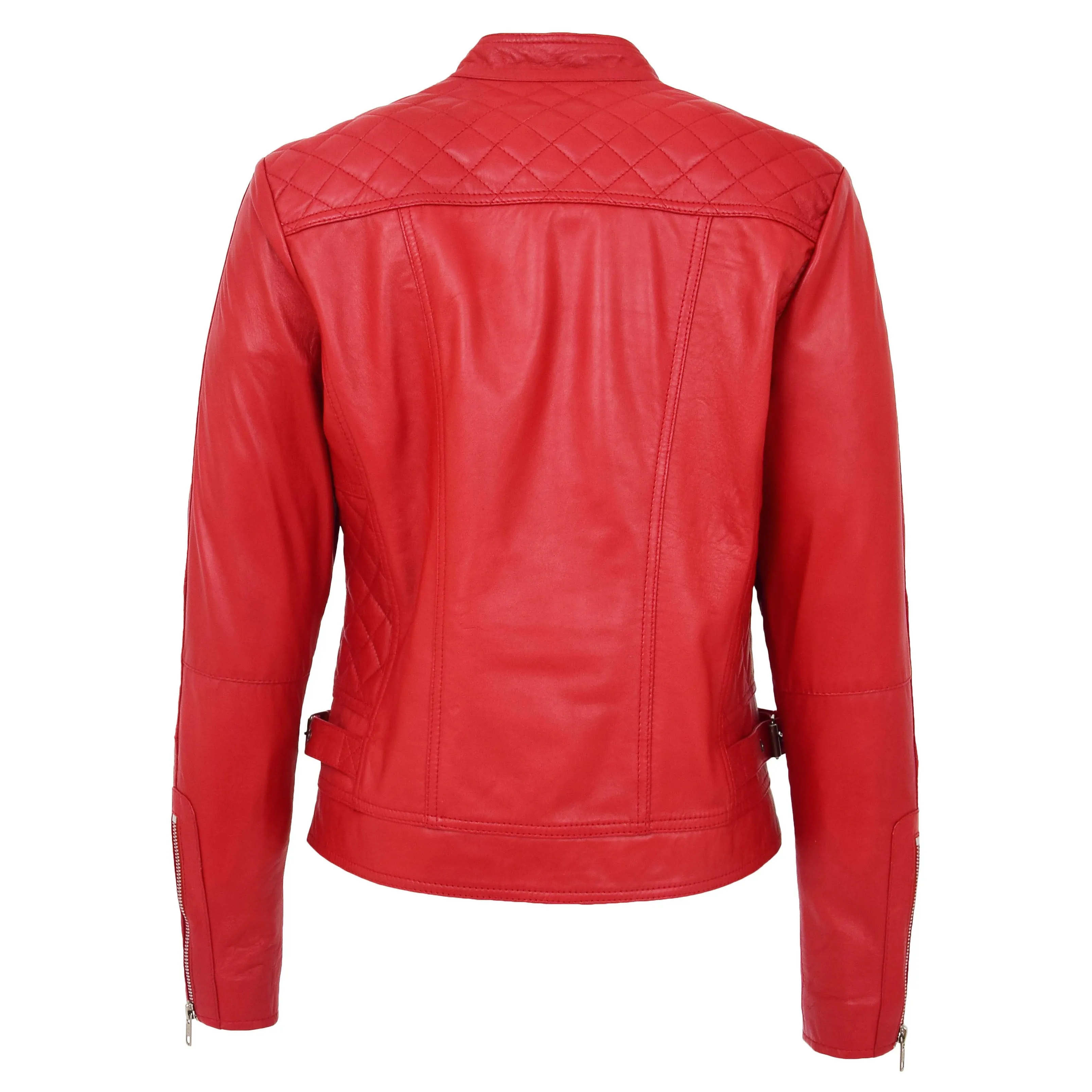 Womens Soft Red Leather Biker Jacket Designer Stylish Fitted Quilted Celeste