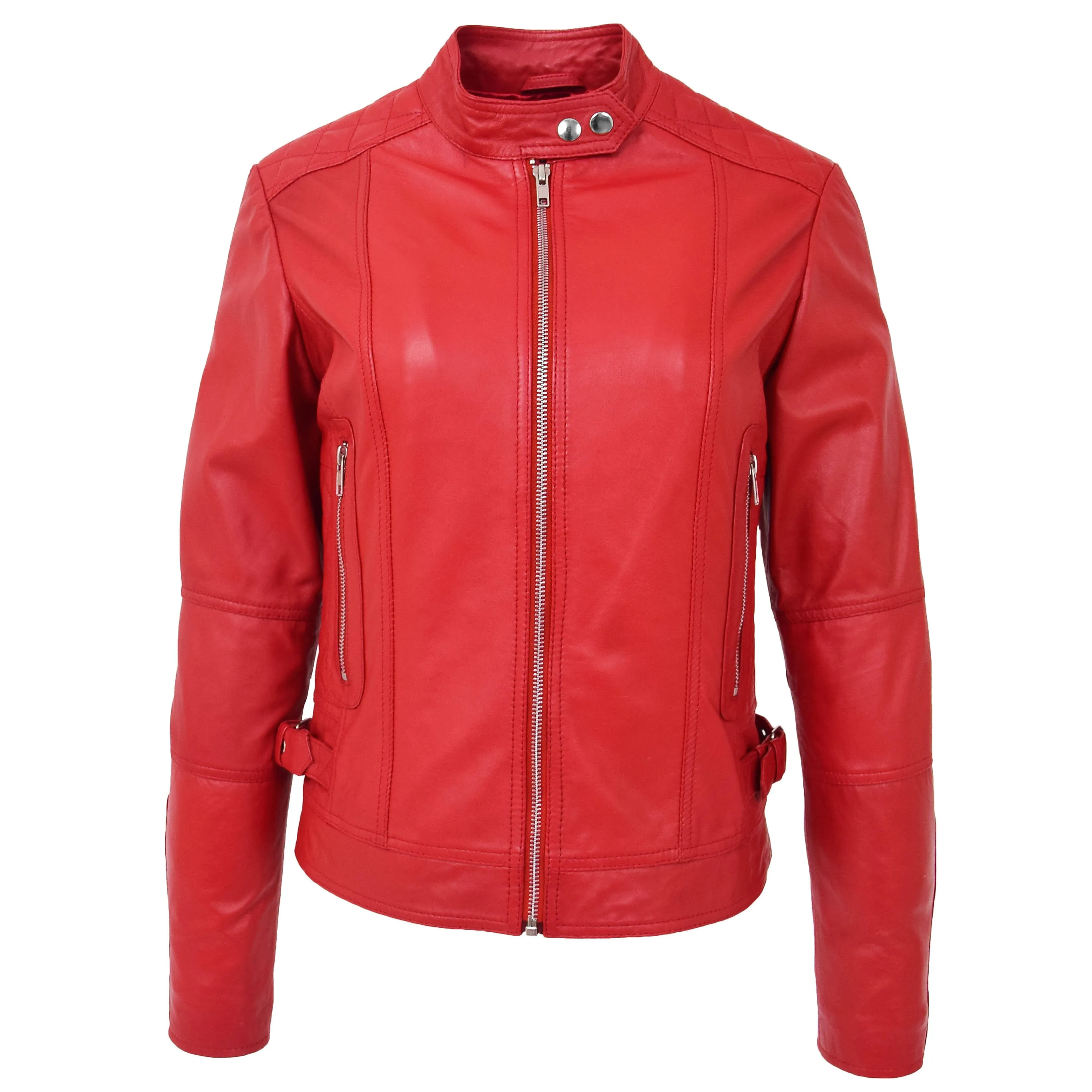 Womens Soft Red Leather Biker Jacket Designer Stylish Fitted Quilted Celeste