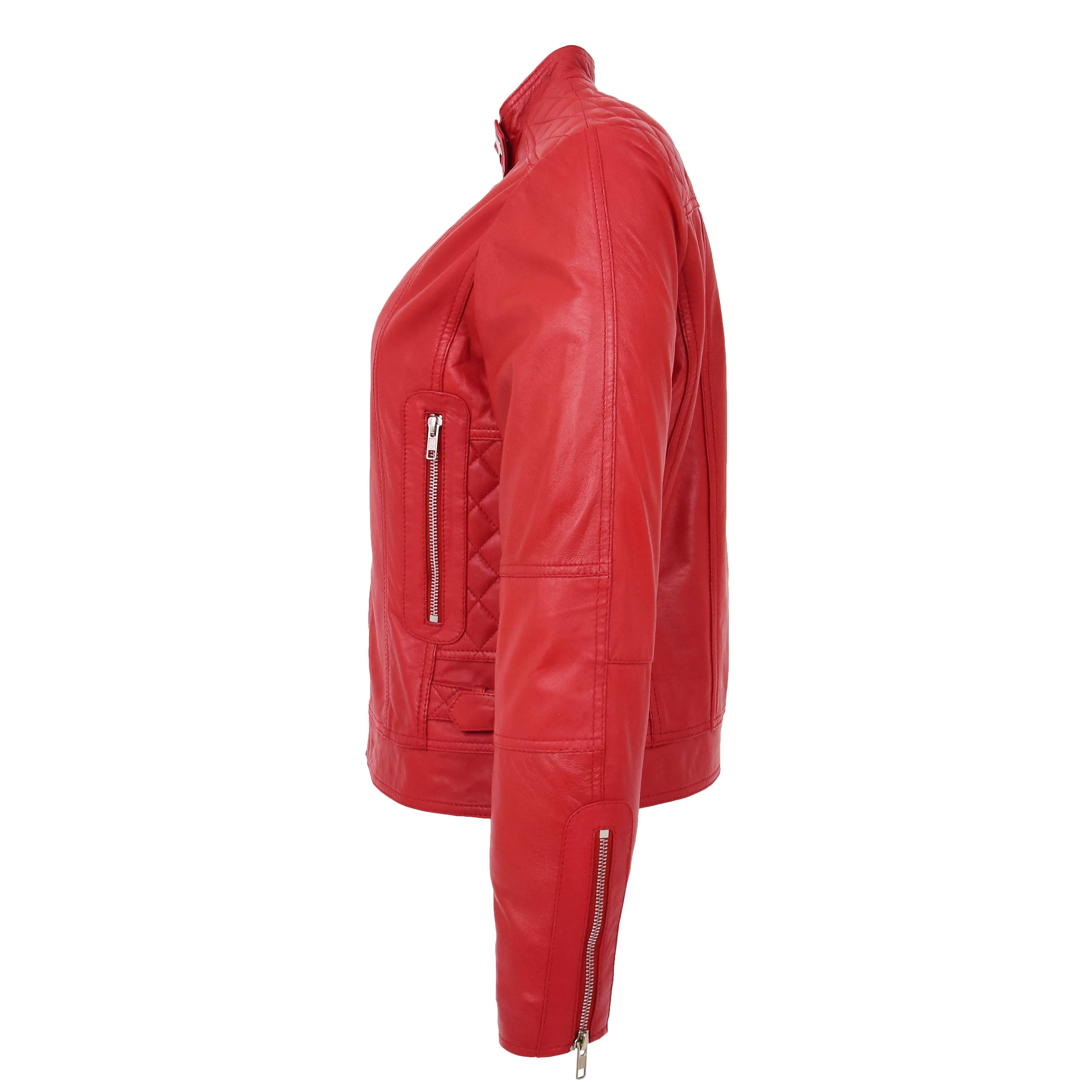 Womens Soft Red Leather Biker Jacket Designer Stylish Fitted Quilted Celeste