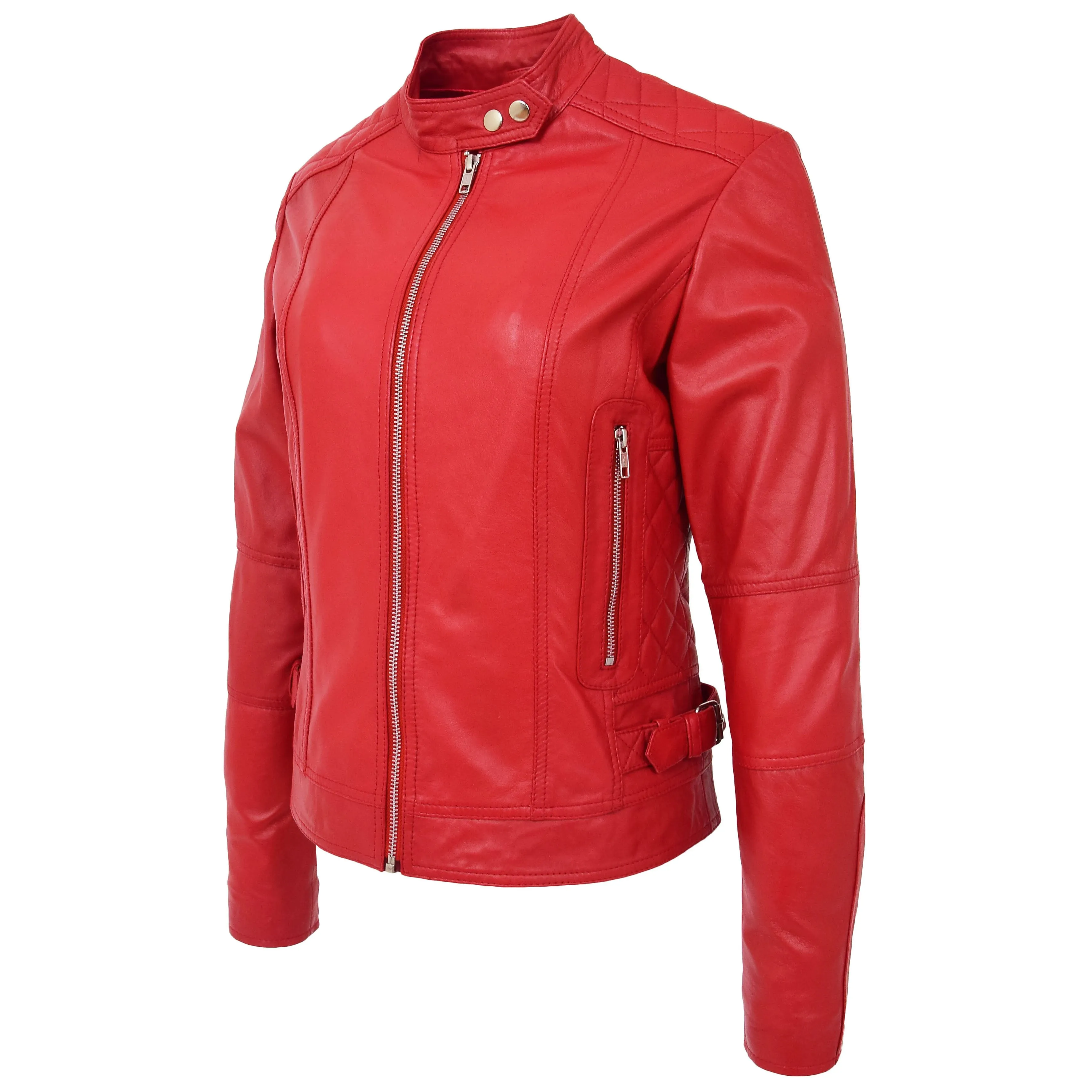 Womens Soft Red Leather Biker Jacket Designer Stylish Fitted Quilted Celeste