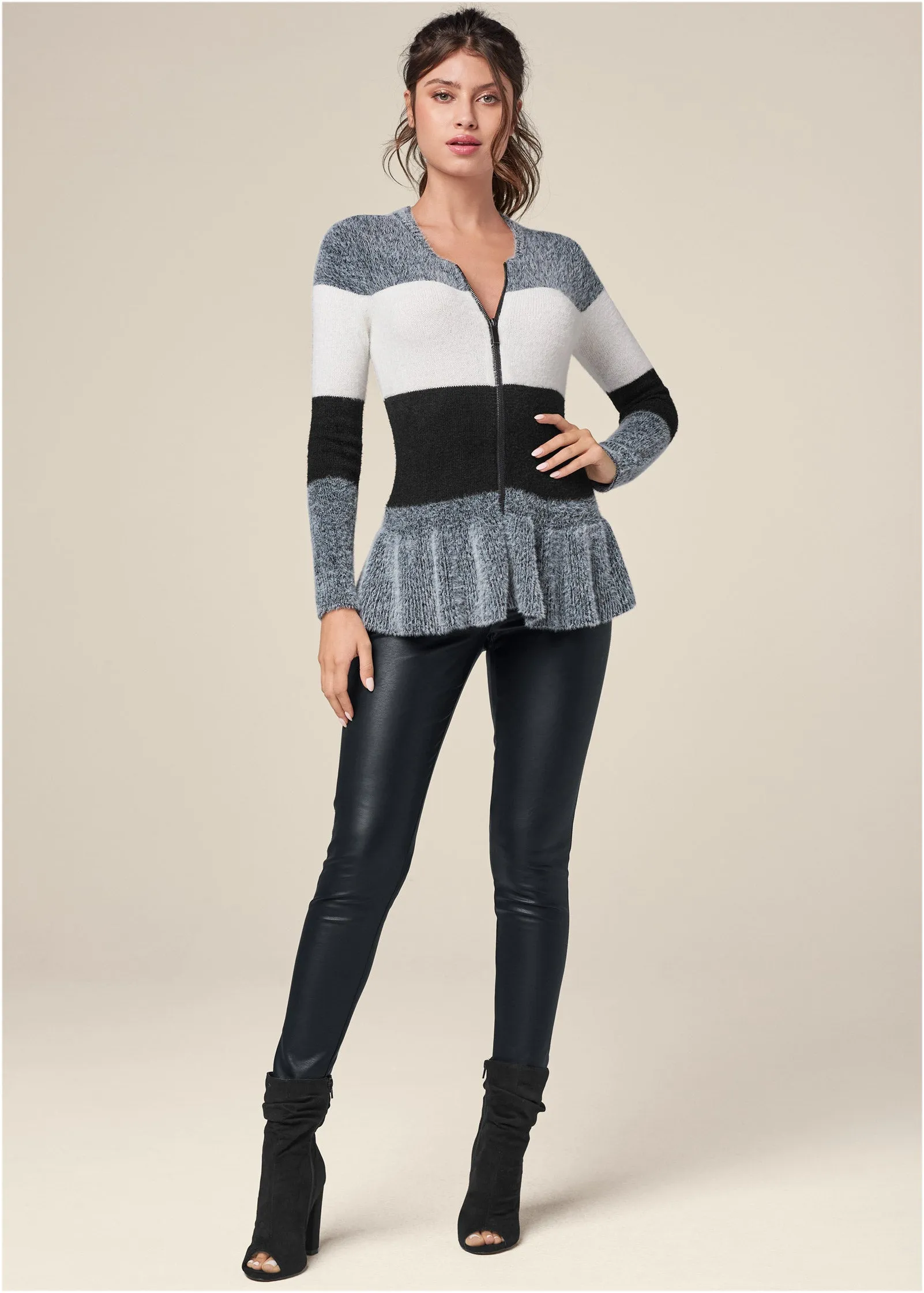 Zip Front Cozy Peplum Cardigan - Black Multi